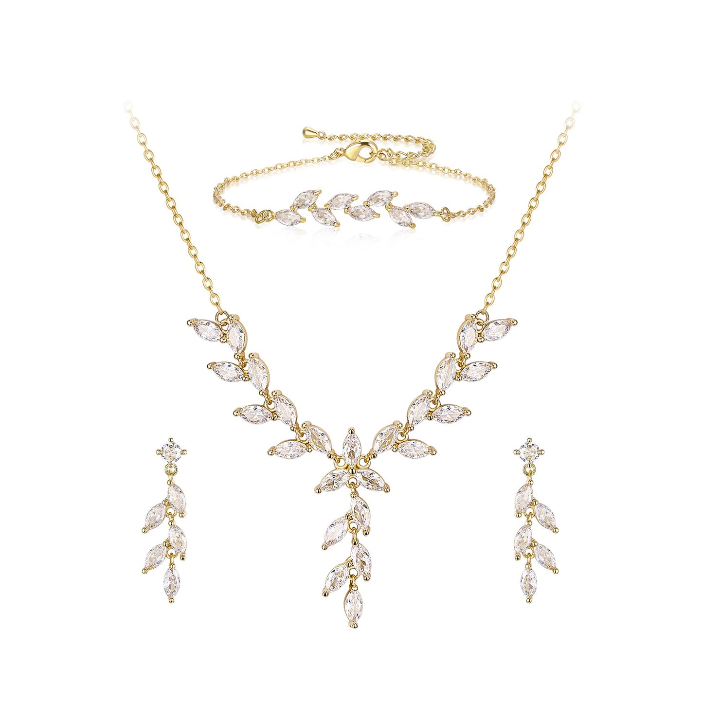 EVER FAITH Wedding Cubic Zirconia Jewelry Sets for Bride Bridesmaid, Sparkly Marquise Leaf Necklace Dangle Earrings Bracelet Set for Woman Clear Gold-Plated-Brass