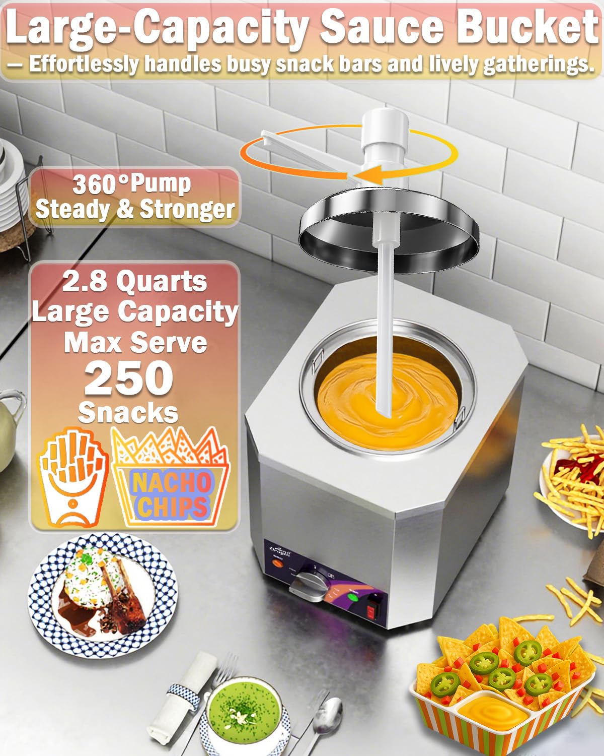 Nacho Cheese Dispenser, 2.8Qt Nacho Cheese Dip Warmer with Pump, Hot Fudge Warmer with 9-Level Temperature Adjustment, Commercial Sauce Dispenser Machine for Queso para Nachos, Caramel Syrup Pumps