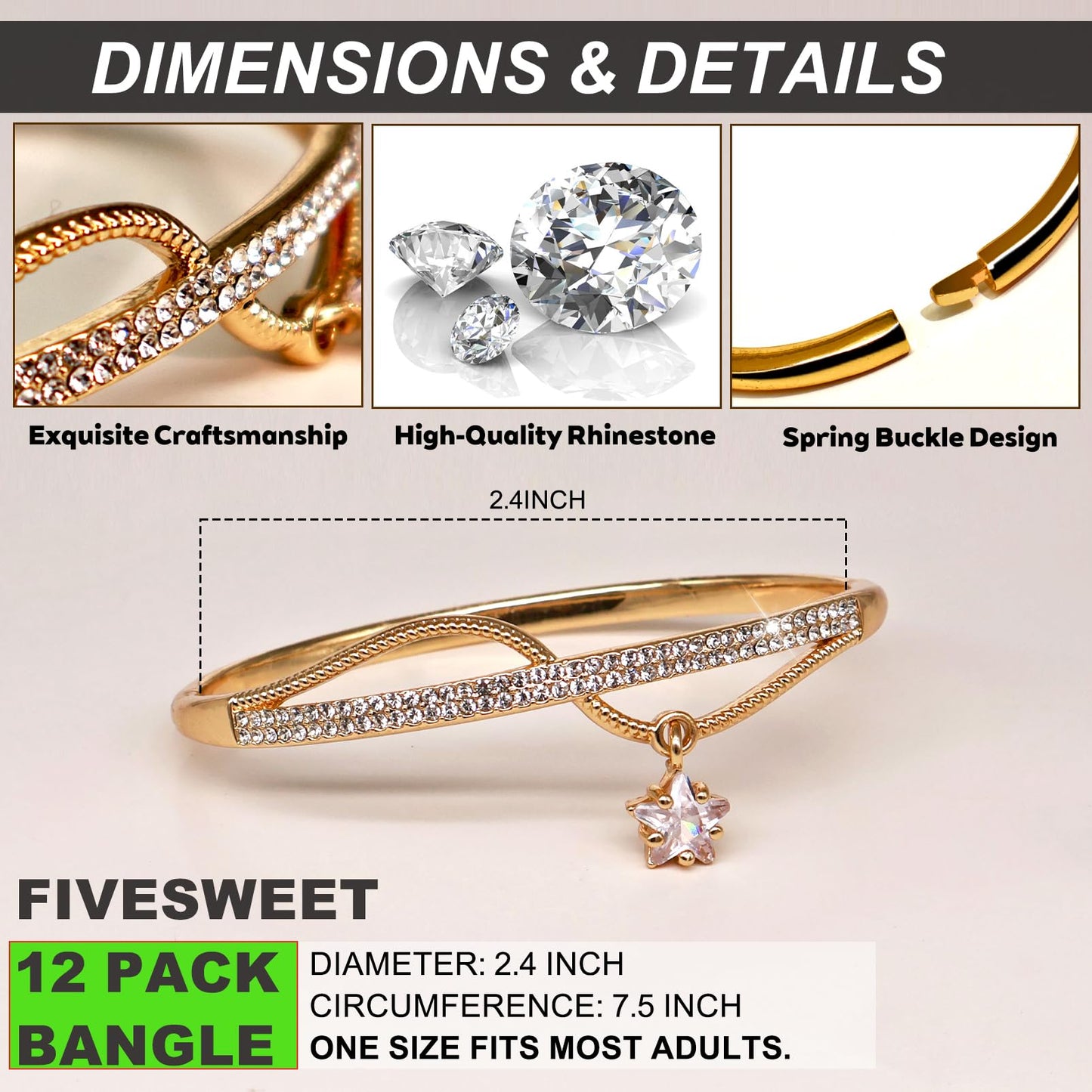 12 Pack Women's Zinc Alloy Gold/Silvery Bangle Bracelet Jewelry Bulk Set with Infinity Symbol, Safety Pin, Cross, Pearl, Clover, Star Pendant & Rhinestone Designs - For Daily Wear, Special Occasions & Women Gift for Her, Girlfriend, Wife, Mom, Sister, Lov