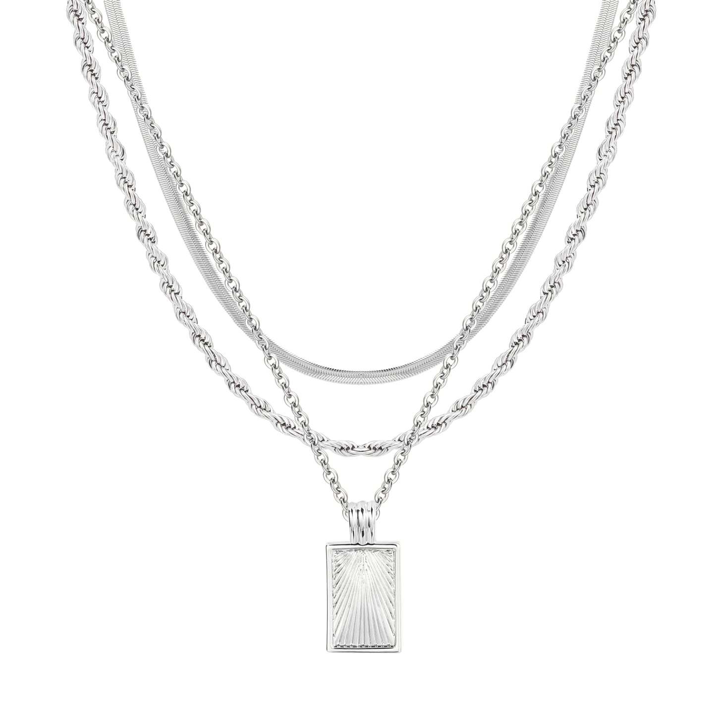 Layered Gold Necklaces for Women Stackable Dainty 14K Gold Plated Silver Chain Necklace Layering Cute Fashion Pendant Choker Necklaces Trendy Jewelry Set Gifts for Women (Rope twist snake chain O-ring chain texture, silver)