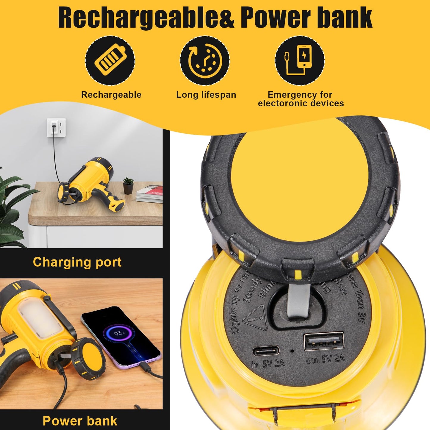 Super Bright Rechargeable Spotlight Flashlight High Lumens 10000mAh, Handheld LED Searchlight with Built-in Stand, 6 Light Modes & USB Output, Water-Resistant for Camping, Emergency & Outdoor Use