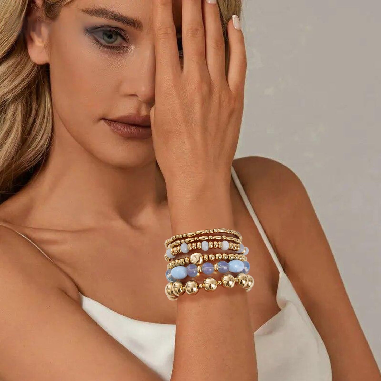 Sajidos Gold Beaded Bracelets for Women Trendy, 14K Gold Plated Stack Cross Pearl Gold Bead Stretch Bracelets Set Elastic Hypoallergenic Bracelets Jewelry Gifts (style10)