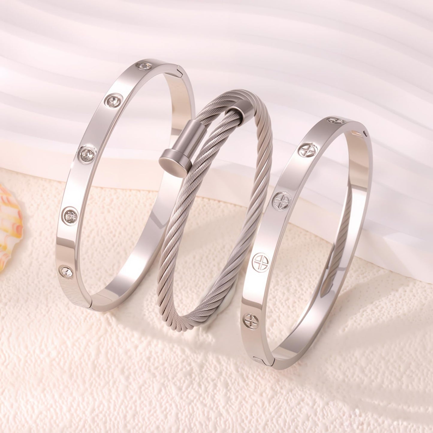Camhanno Stackable Silver Bracelets for Women Stainless Steel Love & Friendship Bangle, Mothers Day Valentines Birthday Christmas Jewelry Gifts for Mom Her Wife Grandma (Style 8)