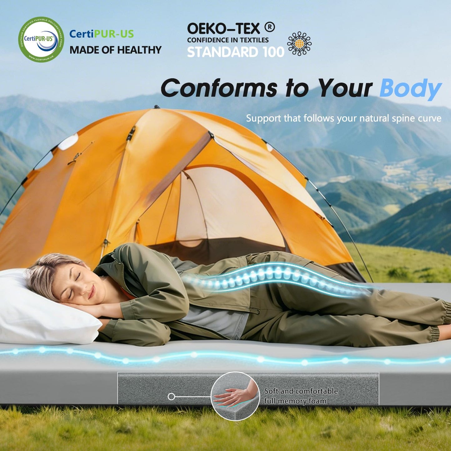 CYMULA Memory Foam Camping Mattress Pad,3 in Sleeping Pad for Camping Non-Slip Bottom Floor Cot Mattress for Adults,Portable Roll up Mattress Pad Mat for Car Travel Guest Bed Tent(Twin XL 80 * 37)
