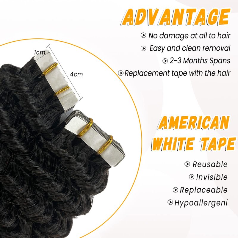 Curly Tape ins 20 pcs Kinky Curly Tape in Hair Extensions Human Hair Natrual Black for Women 18 Inch 50G