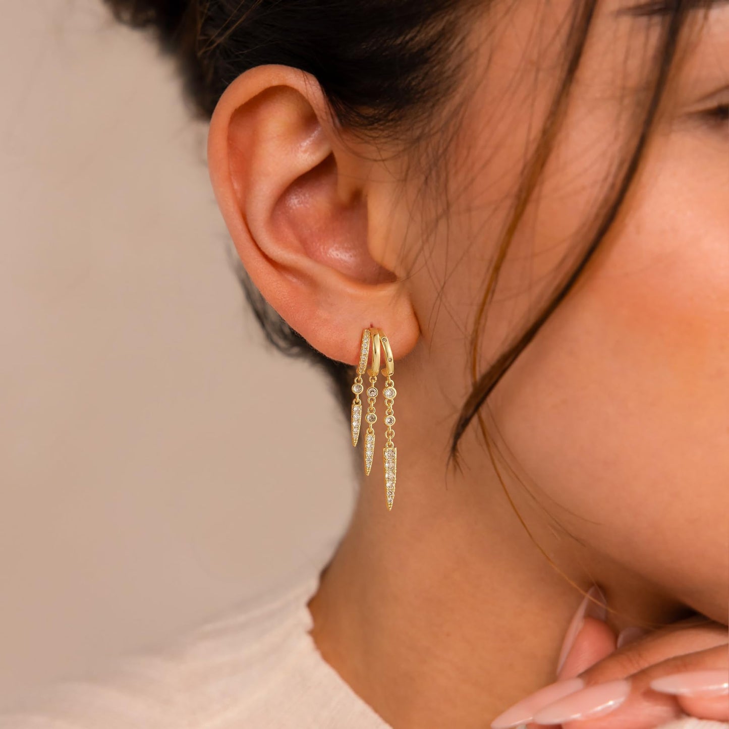 Freekiss Gold Long Dangle Earrings for Women, 3 Hoop Illusion Huggie Diamond Drop Earrings, Dainty Simple 14K Gold Plated Hypoallergenic Statement Stud Earring Set Jewelry for Women