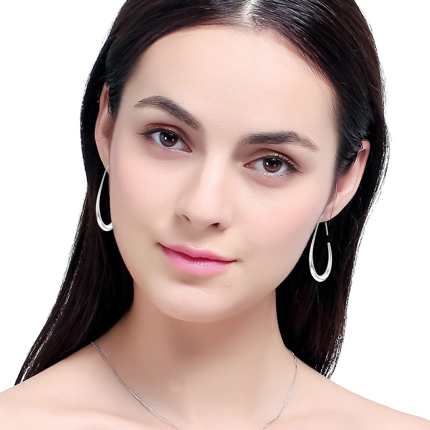 Lightweight Teardrop Hoop Earrings for Women - 14k Gold/White Gold Plated Large Oval Pull Through Hoop Earrings High Polished Statement Jewelry Gift for Women(silver 30 * 18)