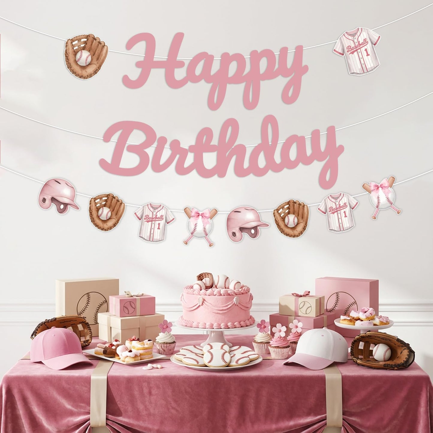 SHADOAMP Baseball Birthday Party Decorations Girl, Pink “Happy Birthday” Banner and Hanging Cutouts - Softball Themed Garland Kit with Gloves, Jerseys, Helmets - DIY Paper Set for Sporty Girl