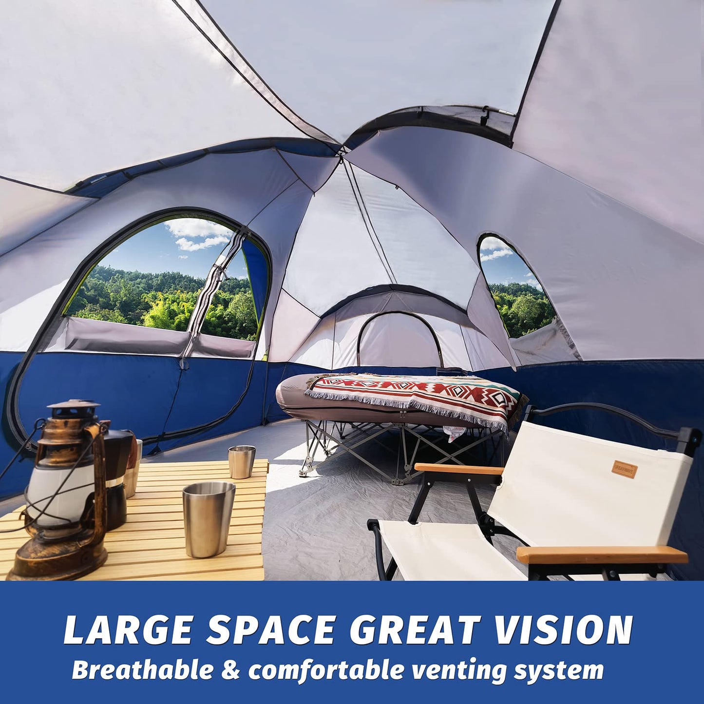 UNP Camping Tent 10-Person-Family Tents, Parties, Music Festival Tent, Big, Easy Up, 5 Large Mesh Windows, Double Layer, 2 Room, Waterproof, Weather Resistant, 18ft x 9ft x78in (Dark Blue)