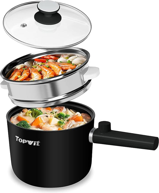 Topwit Hot Pot Electric with Steamer, 1.5L Ramen Cooker, Non-Stick Sauté Pan, Portable Cooking Pot, Electric Cooker with Dual Power Control, BPA Free, Over-Heating & Boil Dry Protection, Black