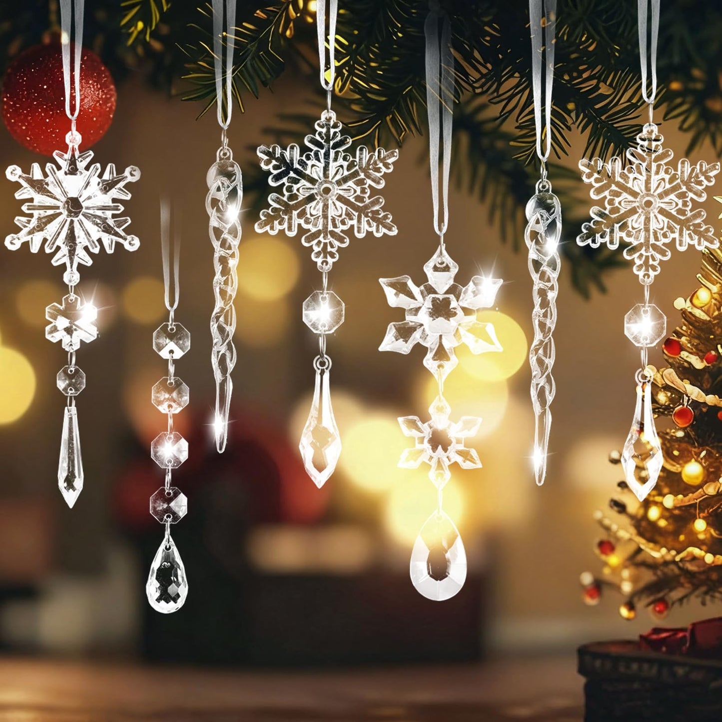20pcs Christmas Ornaments Christmas Tree Decorations Hanging Acrylic Snowflake Icicle Crystal Ornaments with Drop Pendarts for Christmas Decorations Indoor Xmas Tree Winter New Year Party Supplies