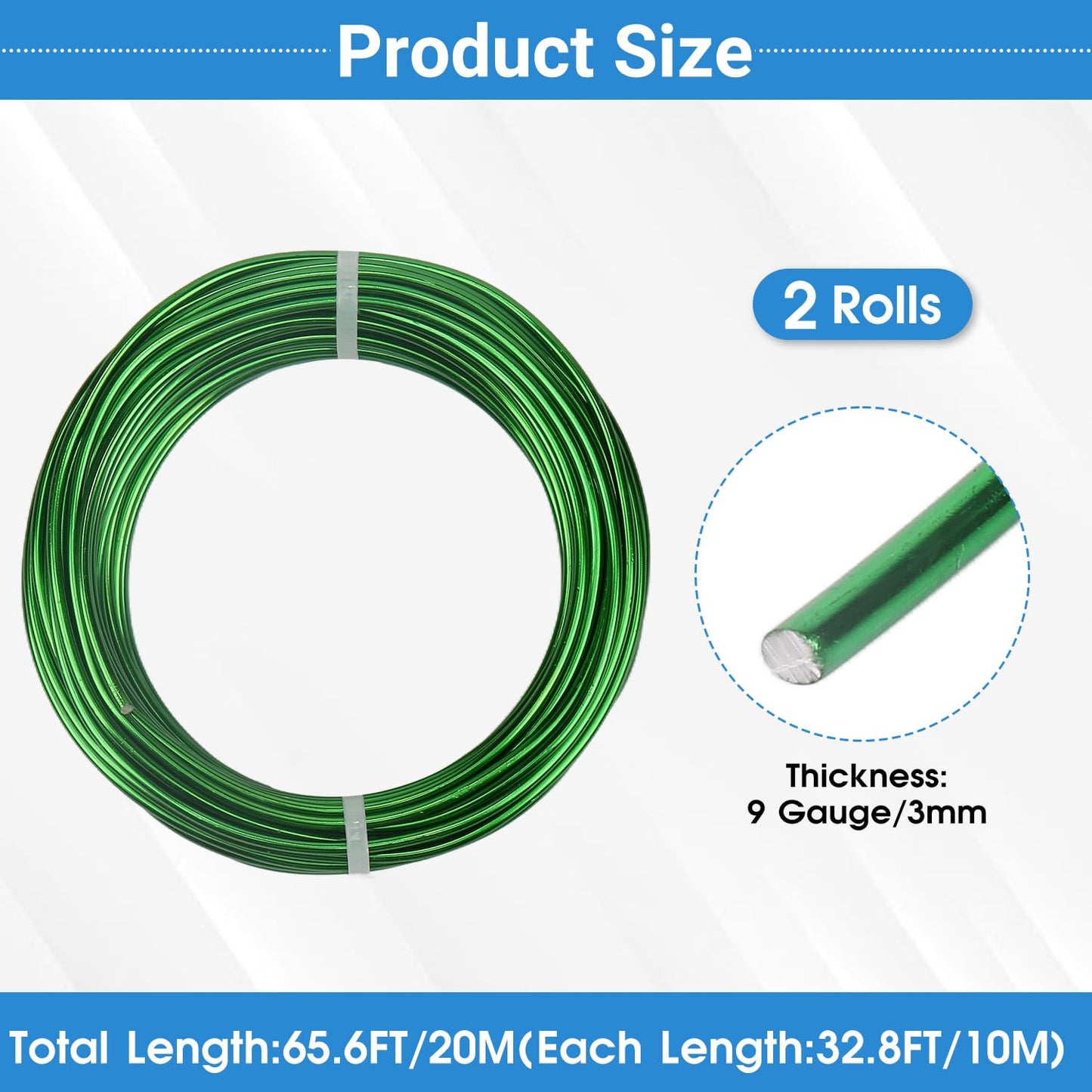 2 Rolls Aluminum Craft Wire, 9 Gauge (3mm) Flexible Metal Wire for Jewelry Making, 65.6 Ft (32.8 Ft/Roll) Bendable Armature Wire for Bonsai, Sculpting and DIY Crafts [Green]