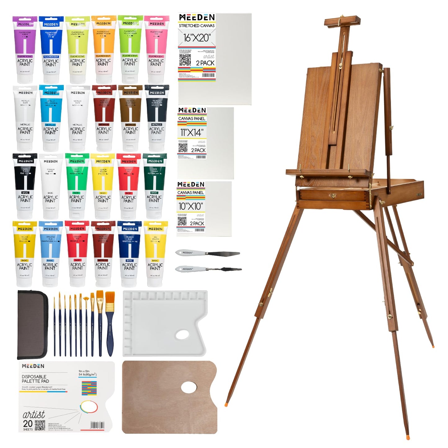 MEEDEN Painting Kit with French Easel, 24 Colors Acrylic Paint Set, 10 Pcs Paint Brush Set, Canvas Set & Art Supplies, Great Painting Set for Beginners & Artists