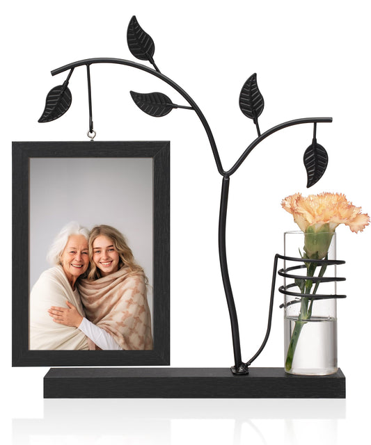 Afuly 4x6 Picture Frame Black with Metal Stand Glass Vase, Double Sided Glass Photo Frames, Wood Picture Frames Desk Modern Home Decor Anniversary wedding Gift for Couple Grandma Mom