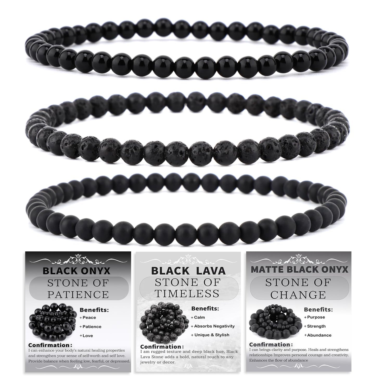 NCB 3-Piece 4mm Natural Crystal Gemstone Stretch Bracelets – ﻿Black Lava, Black Onyx, Matte Black Agate Handmade Reiki Energy Healing Jewelry for Meditation,Yoga, Unisex