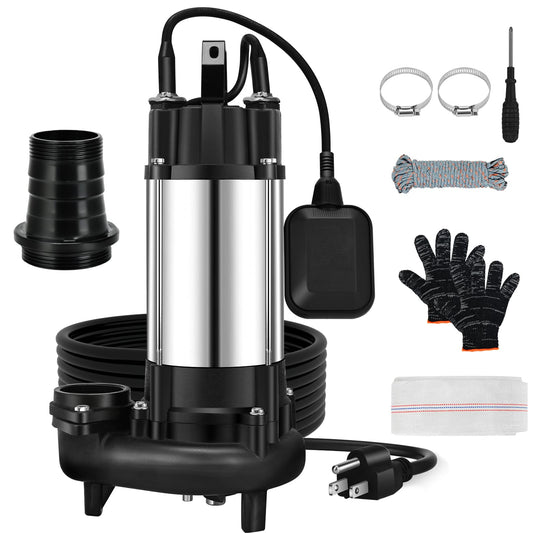 1HP Sewage Sump Pump, 110v 6400GPH Sewage Grinder Pump, Stainless Steel, Automatic Float Switch, Cast Iron Impeller, 2'' Npt Discharge, Submersible Sewage Pump for Basement, Sump Basin, Residential