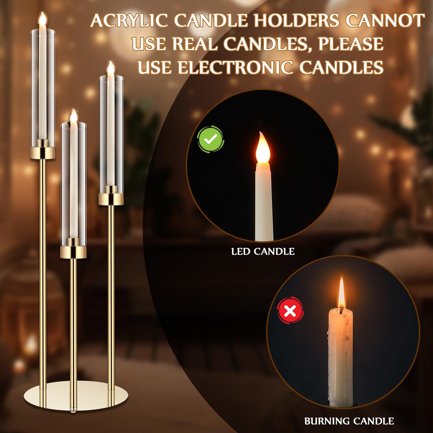 Layhit 6 Set Wedding Gold Candelabra Centerpieces for Tables, 3 Arm Tall Acrylic Candle Holder Centerpiece with Clear Shades for Reception, Party, Dining Decor, Anniversary, Fits 0.87" LED Candles"