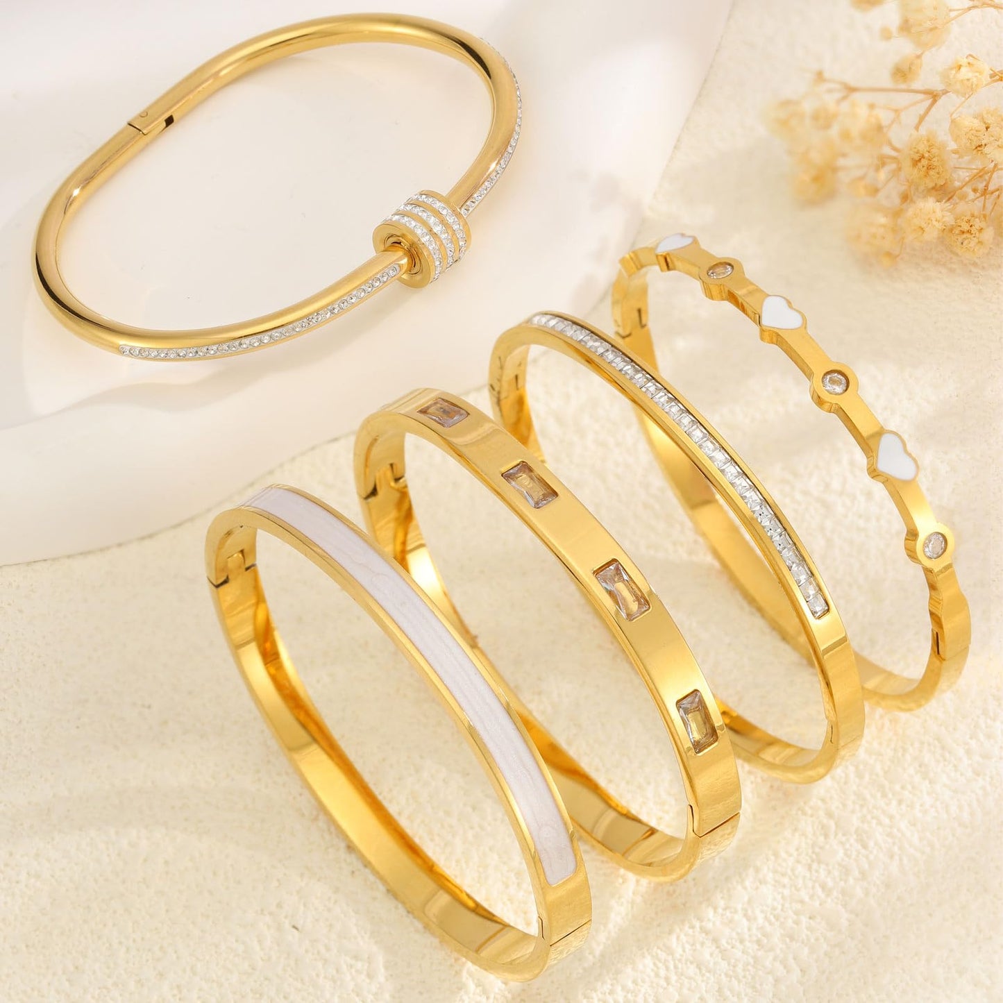 Camhanno 18K Gold Plated Stainless Steel 5-Piece Gold Bangle Bracelet Set for Women - Pink Crystal Friendship & Love Heart Design, Stackable Bangles Jewelry - Ideal Birthday Gift for Women (White)