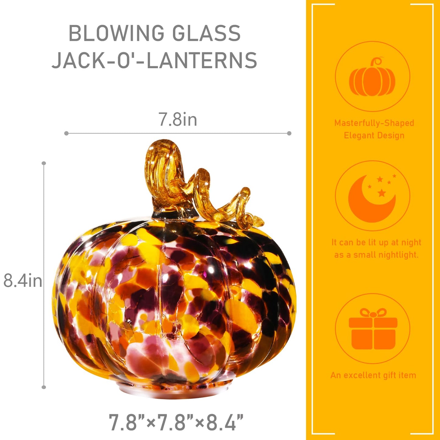 Naboher Handcrafted Glass Pumpkin with Warm LED Lights - Halloween & Thanksgiving Decor, Gift-Worthy Fall Home Decoration, 5.9-Inch Light-Up Tabletop Centerpiece (Vine Orange and Purple)