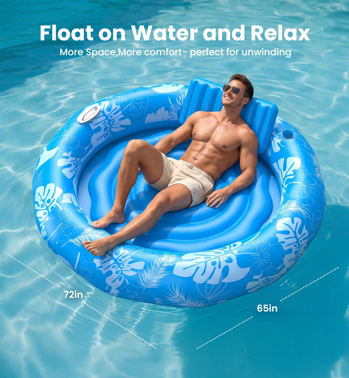 Pool Inflatable Tanning Pool Lounger Float with Sprinkler, 72"x65" Round Pool Float Adults with Pillow XL Cup Holder Handle Blow Up Tanning Bed for Summer Sunbathing Water Lounge Party Gifts, Blue