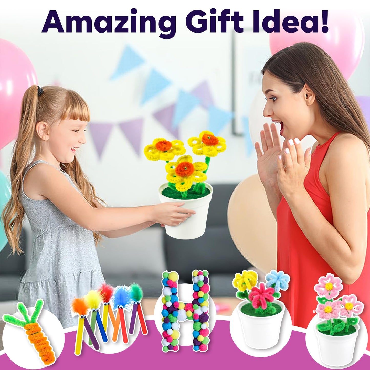 FUNZBO Arts and Crafts Supplies for Kids -Toddlers Craft Kit with Glitter Glue Stick, Pipe Cleaners, Popsicle Sticks, Pompoms & Stickers, Homeschool Supplies, Toys Crafts for Girls Age 4+