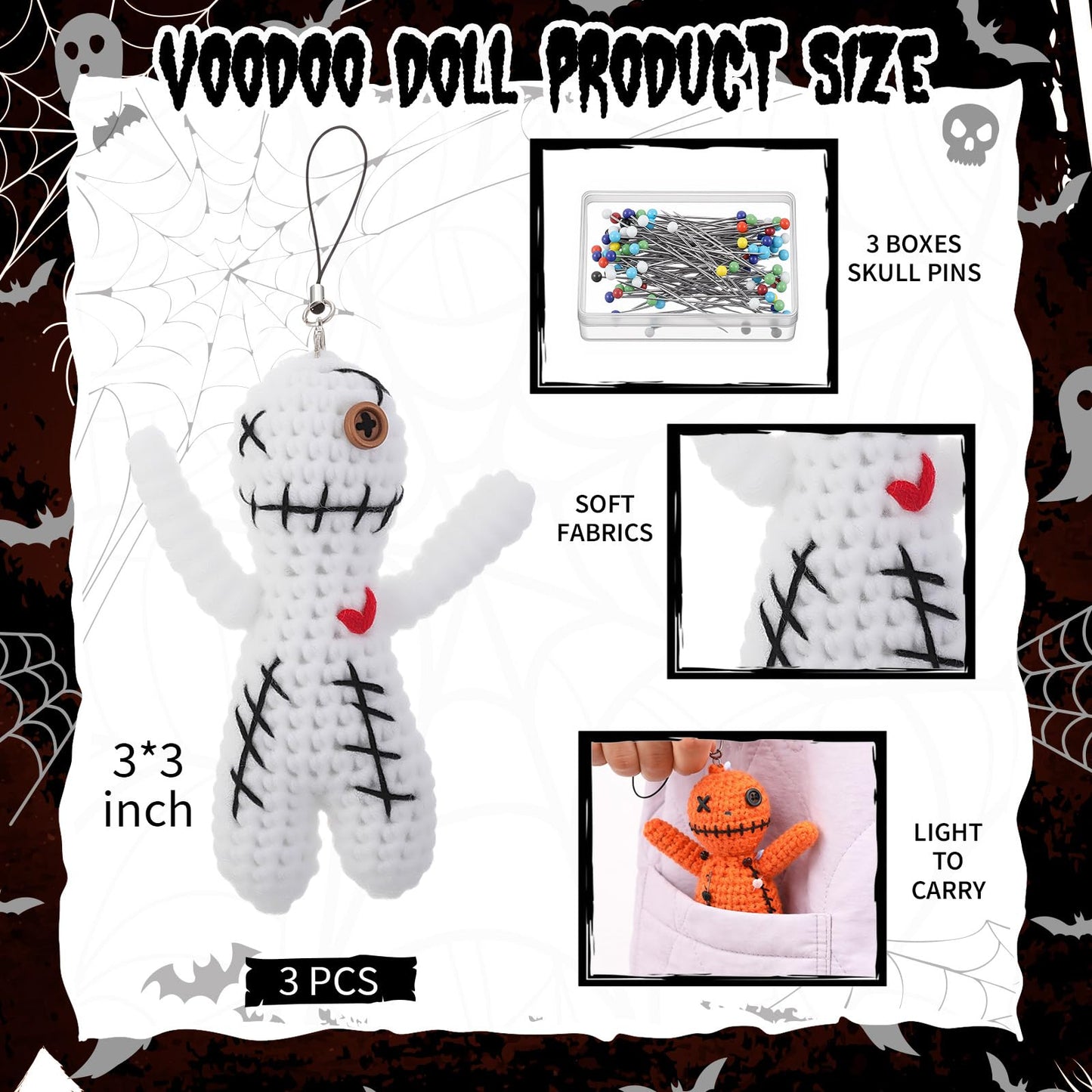 Poen 3 Pcs Voodoo Dolls Horror Doll with 30 Skull Pins, Christmas Stuffing Decoration Funny Inspirational Positive Ornaments Gifts for Friend Coworkers New Year Halloween Party Supplies (Crochet)