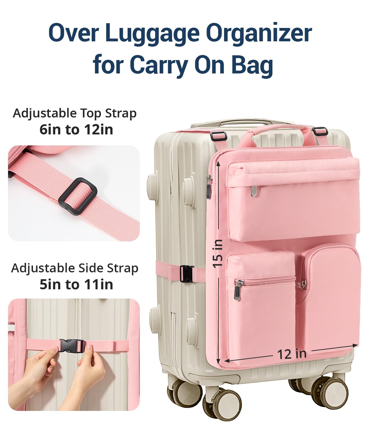 MIAOJIE Over Luggage Organizer Bag for Suitcase with Multi Pockets, 16” Laptop Bag with Handle,Portable Travel Organizer Bags for Luggage with Adjustable Straps,Tote Carry Bag for Women Men(Pink)
