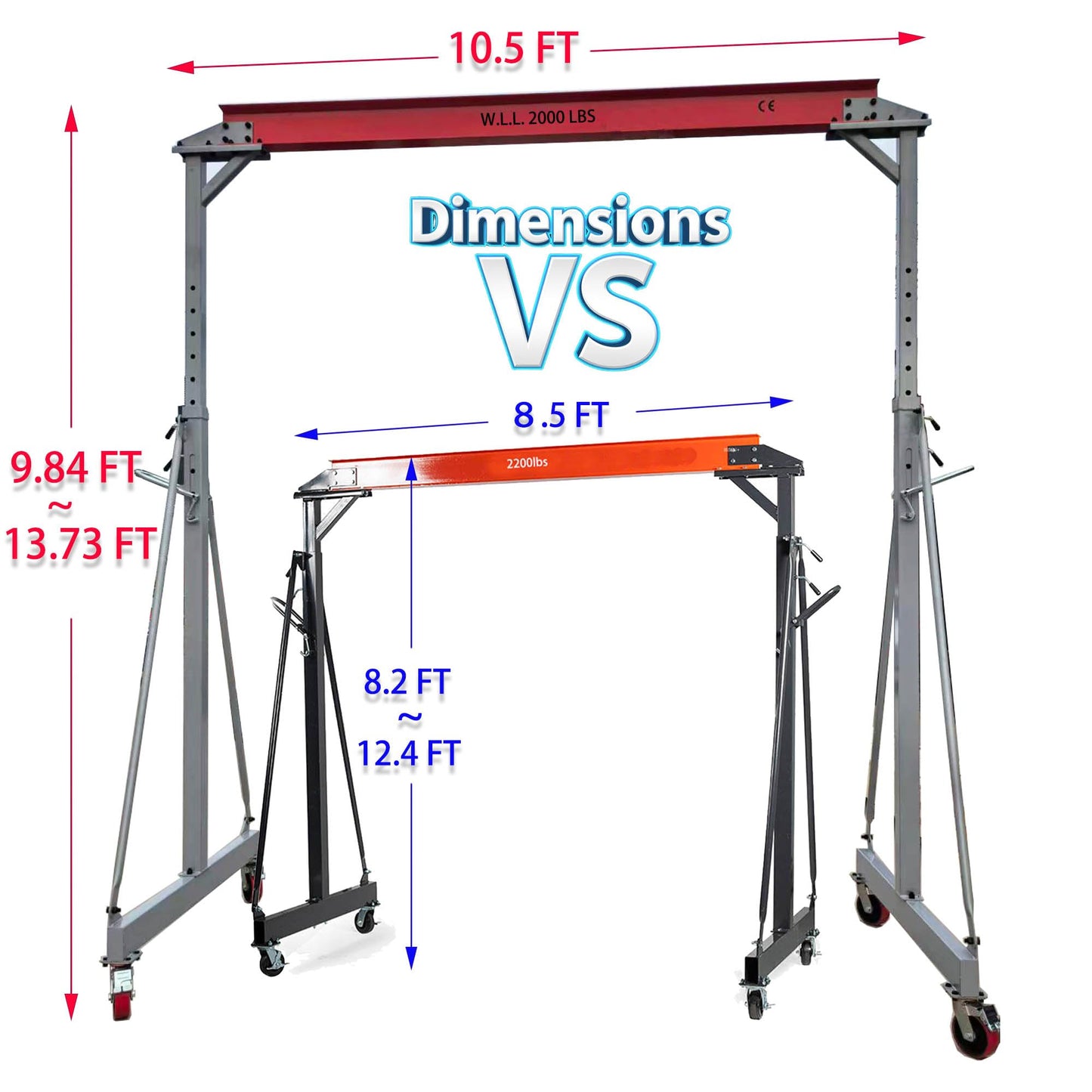 Extra-Large Size Gantry Crane 2000 LB, Width 10.5 FT, Height Adjustable 9.84 FT~ 10 FT~ 12 FT ~ 13.78 FT, Portable Crane 1T with Hoist, Crane Scale, Engine Lever, Trolley and Rigging Kit (2000 LBS)