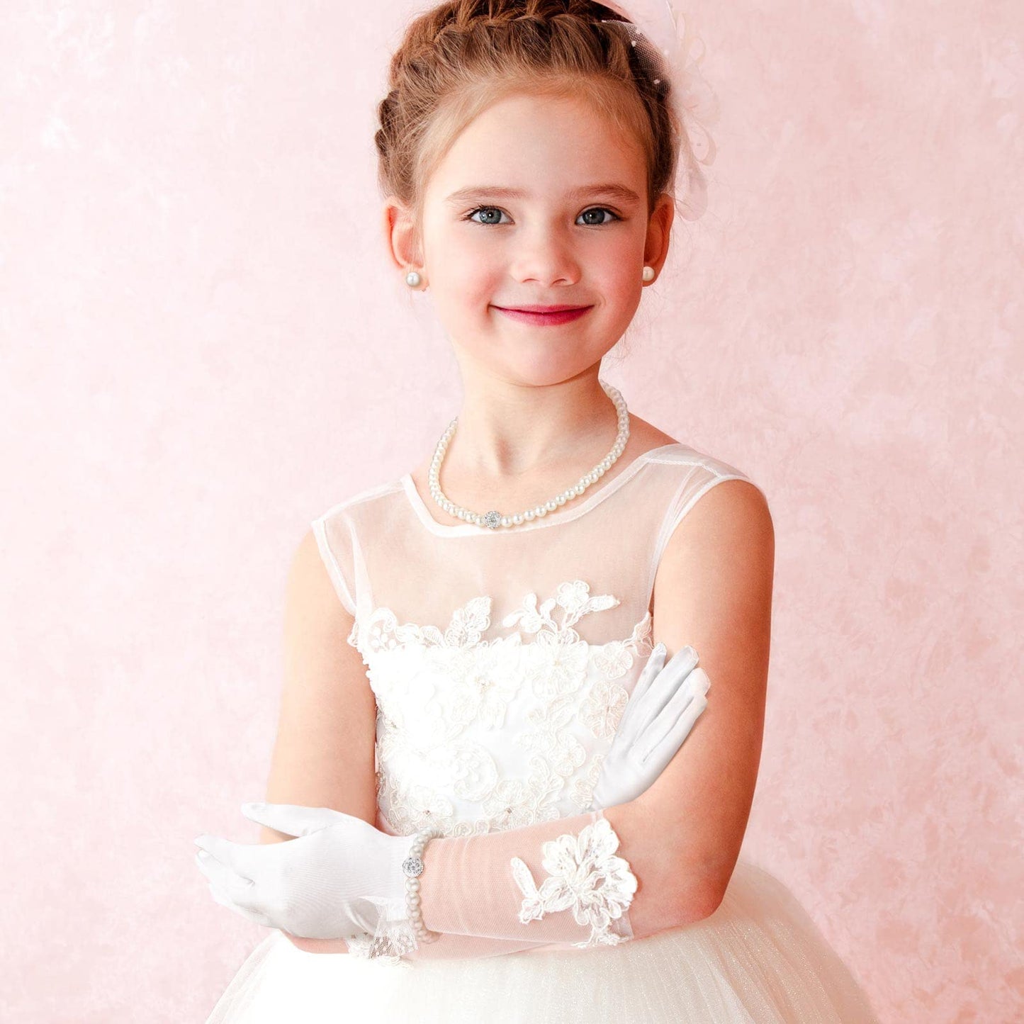 Geyoga 4 Pcs Pearl Necklace Set for Little Girls Toddler Girls Jewelry Communion Gloves for Kids Christmas Tea Party Wedding(Modern Style,4-8 Years)