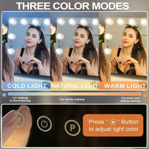 Hollywood Makeup Mirror with Lights,22" X 17" Lighted Vanity Mirror with 3 Light Modes, Detachable 10X Zoom Magnifying Mirror, 360 Rotatable, Metal Frame,Touch Control,AC-Powered, Gifts, White