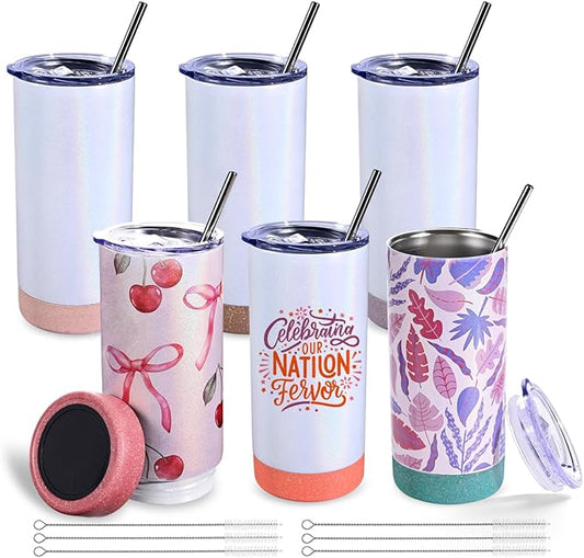 6 Pack 17 oz Insulated Sublimation Tumbler Bulk, Stainless Steel Double Wall Cups with Cork Silicone Base & Lid & Metal Straw, Glitter White