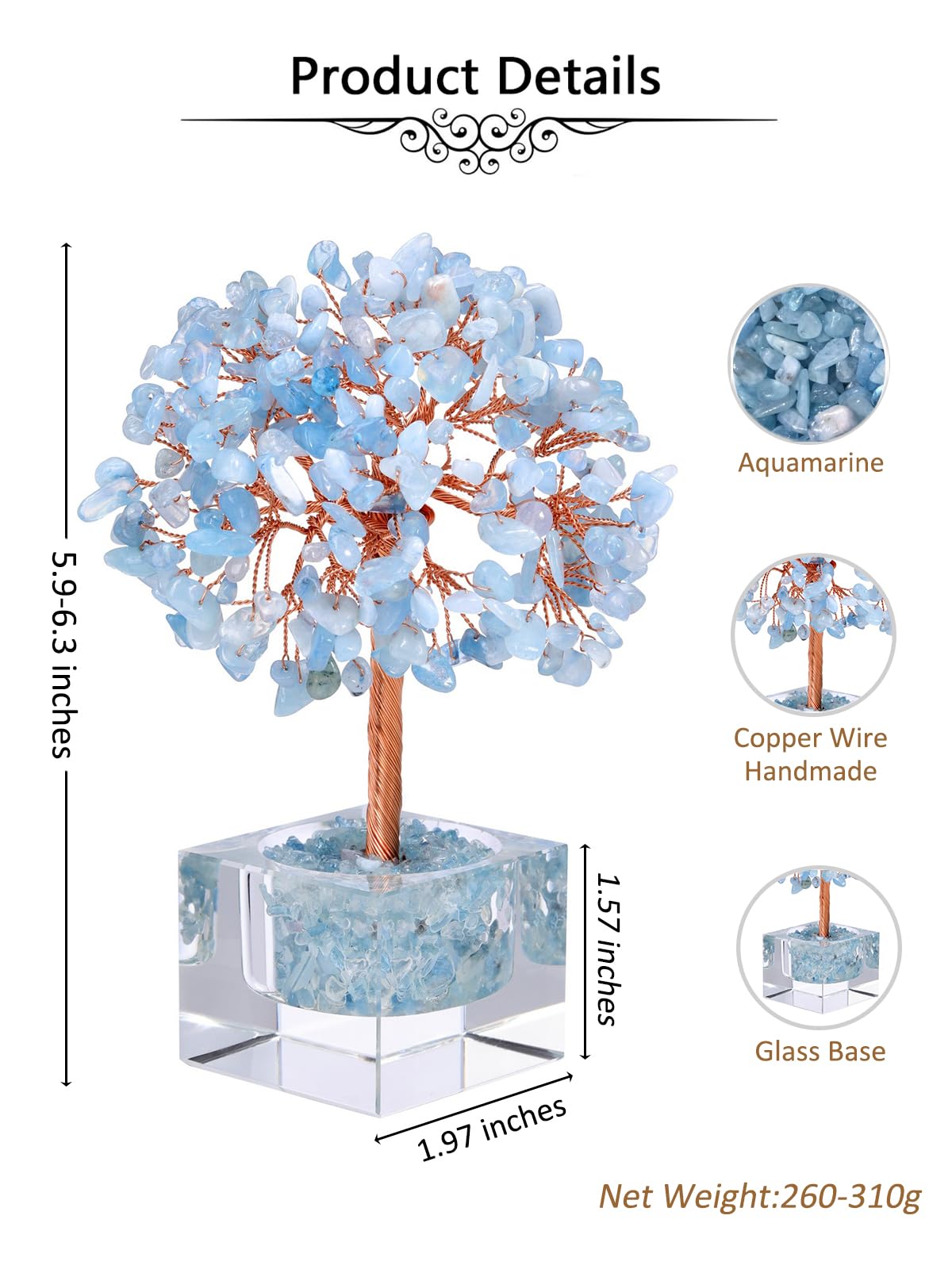Jovivi Large Crystal Tree with Square Glass Base, Aquamarine Healing Crystals Tree Life Natural Chipped Gemstone Money Trees Feng Shui Good Luck Positive Energy Blue Home Desk Decor
