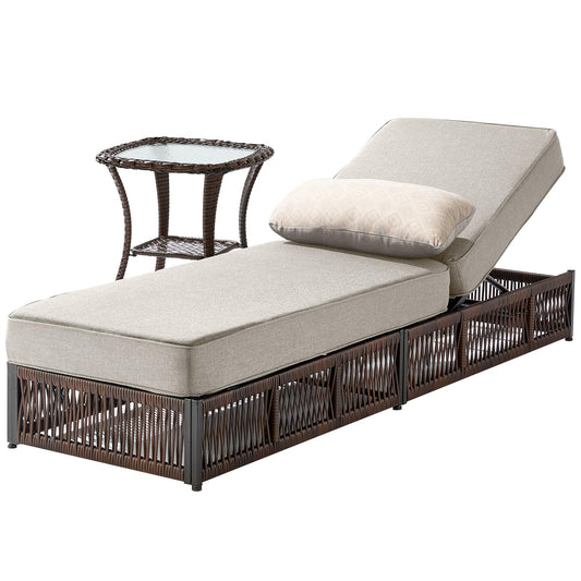 ACTREST Luxury 2PCS Outdoor Chaise Lounge and Side Table Set with 5 Inch Thick Cushions - High Back Brown Wicker Patio Recliners Chairs Lounger for Poolside Pool Porch Garden Sunbathing - Beige