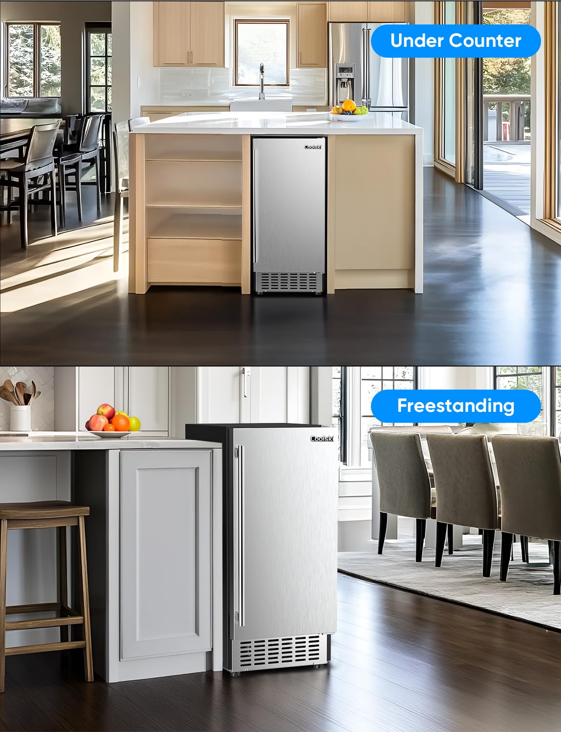 Coolski 15" W Commercial Under Counter Ice Maker Machine, 80 Lbs/Day, Bulit-in Freestanding Ice Machine, Self-Cleaning, Stainless Steel Ice Maker for Home Apartment & Commercial Use