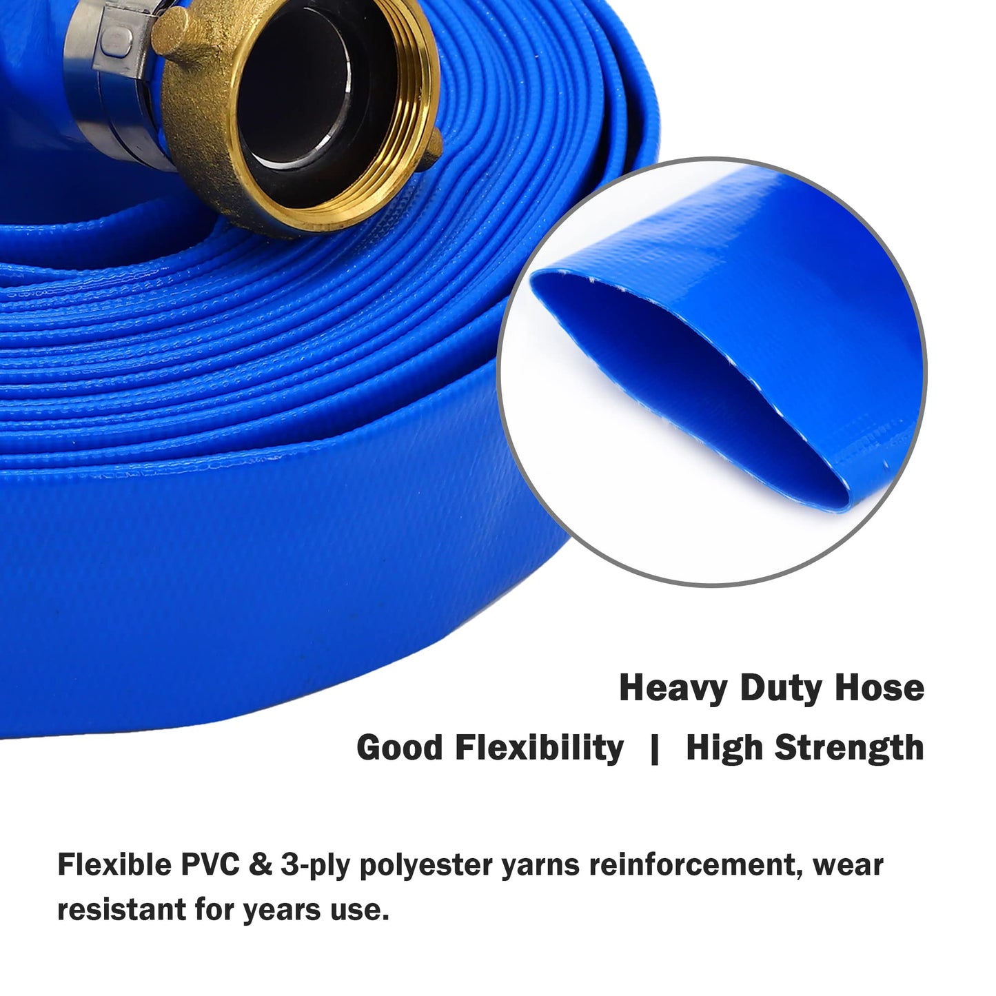 DAVCO 1.5" ID × 50 ft Pool Backwash Hose, Heavy Duty Reinforced Blue PVC Lay Flat Water Discharge Pump Hoses For Swimming Drain Pools and Clean Filters, With Aluminum Pin Lug Fittings