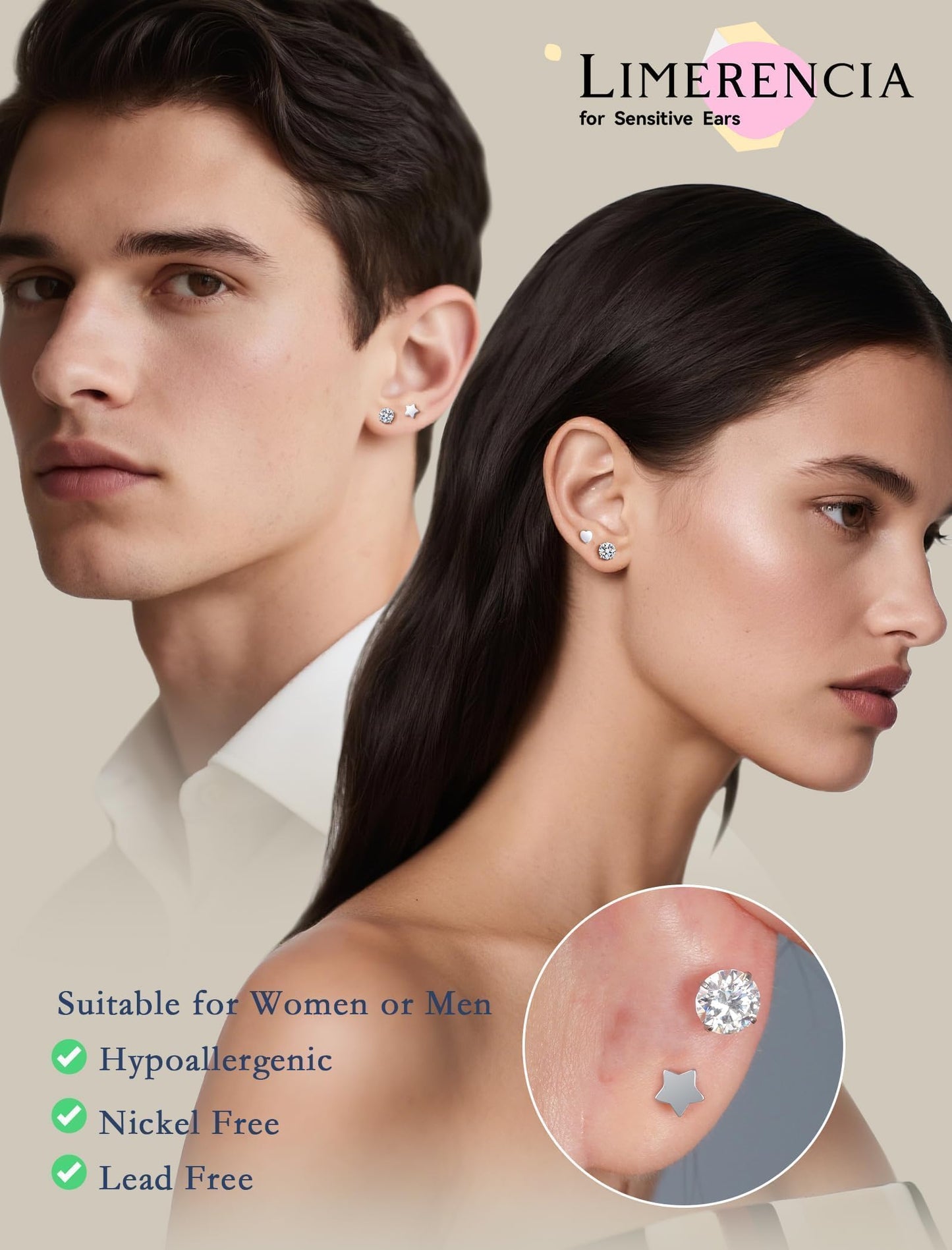 Limerencia Moissanite Stud Earrings for Women Men, F136 Hypoallergenic Titanium Earrings for Sensitive Ears, 18K White Gold Plated Star or Heart Flat Back, D Color VVS1 Clarity, GRA Certificate