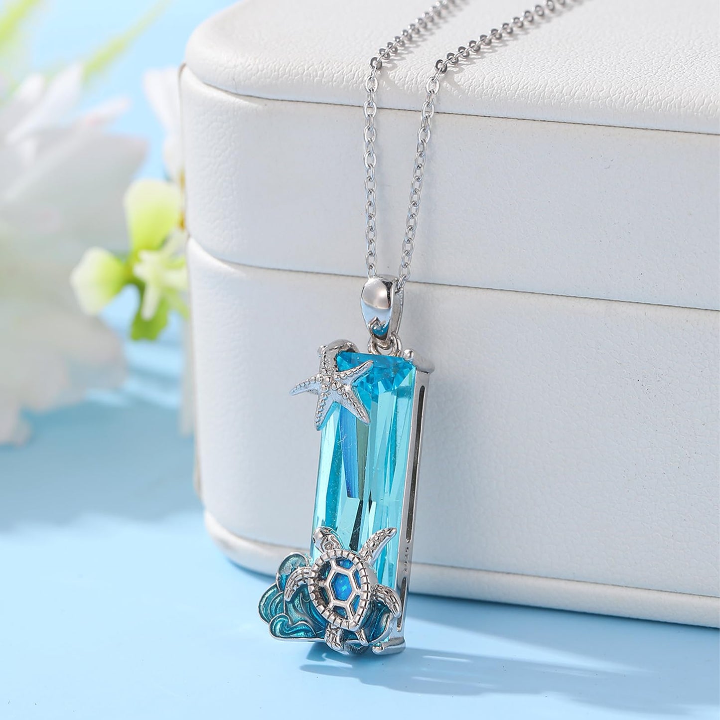 AENEAS Turtle Necklace for Women 925 Sterling Silver Blue Crystal Opal Starfish Ocean Jewelry Gift for Sea Animal Lover Women Wife Her