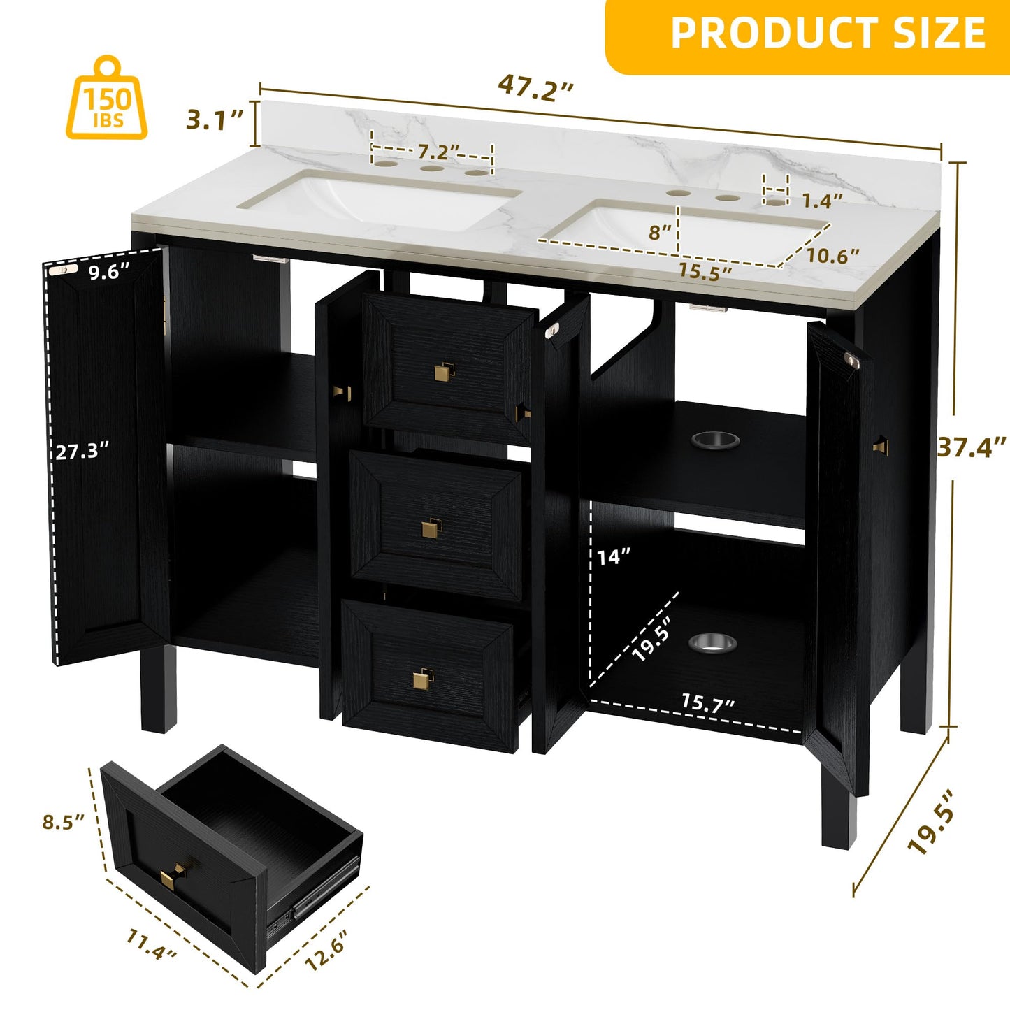 YITAHOME 47 Inch Bathroom Vanity with Double Sink, Retro Bathroom Storage Cabinet with Sintered Stone Countertop, Six Holes, 4 Doors & 3 Drawers