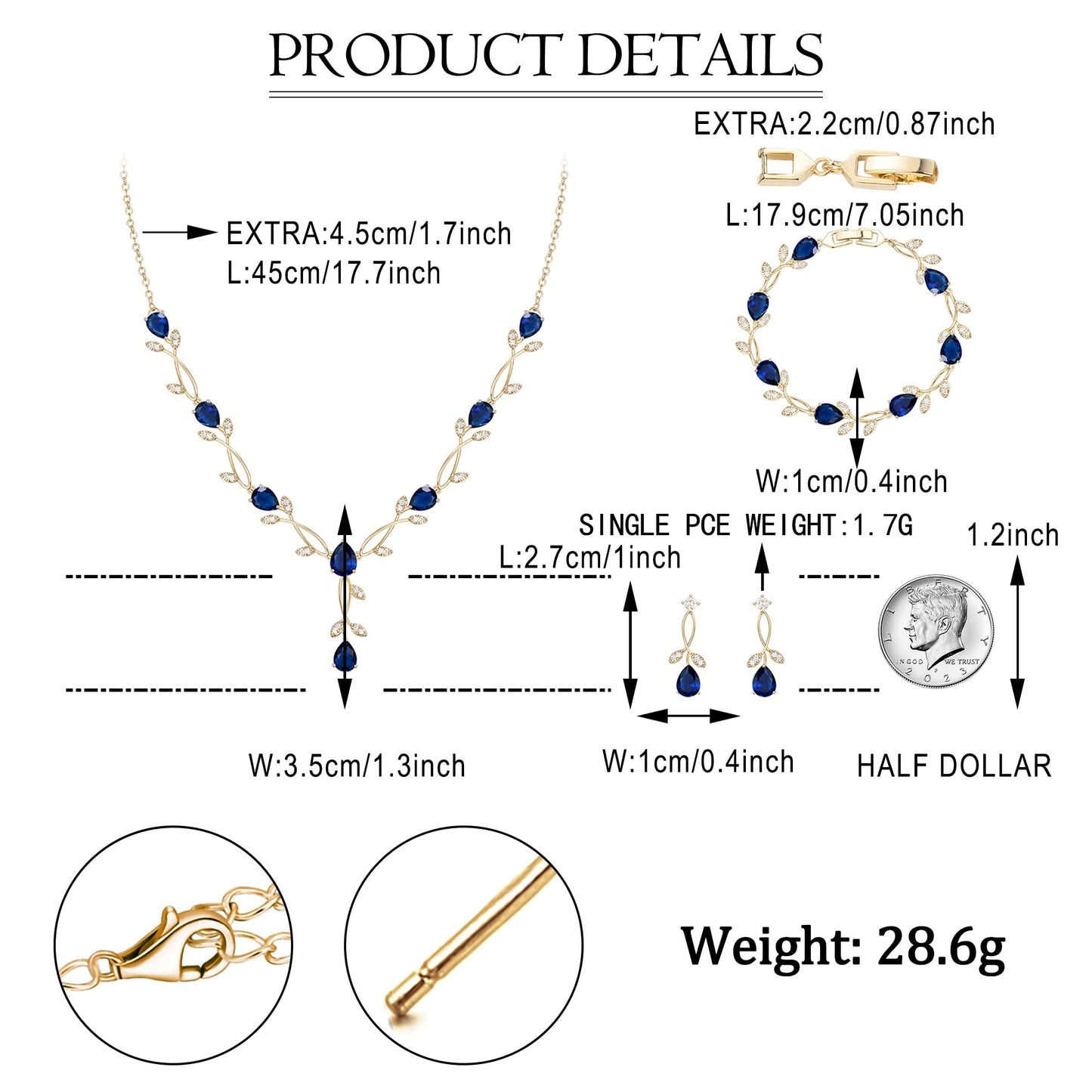 EVER FAITH Wedding Prom Jewelry Set for Bridesmaid, Blue Teardrop Cubic Zirconia Gold-Plated-Brass Bridal Party Necklace Dangle Earrings Bracelet Sets for Women Gift for Mother Friend Wife