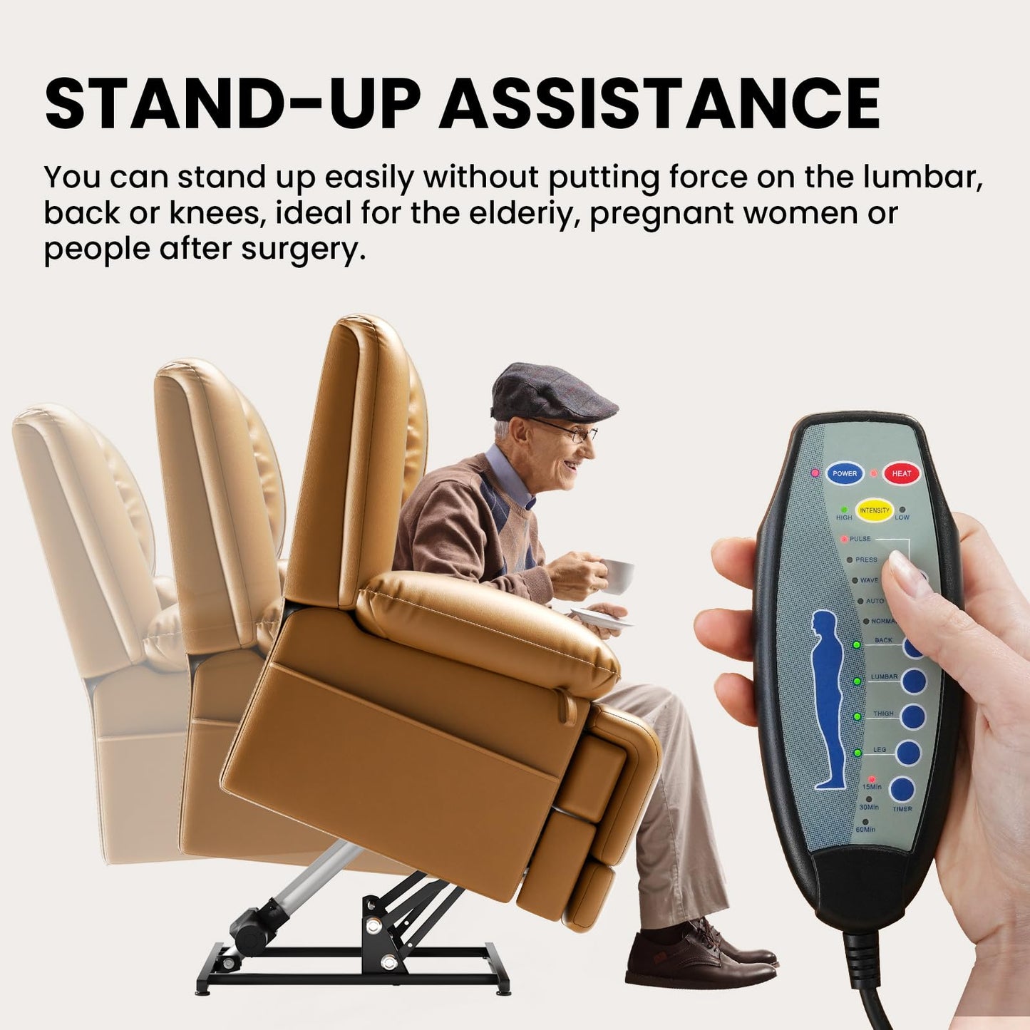 Couchus Large Dual Motor Power Lift Recliner Chair with Massage and Heat for Elderly People, Infinite Position,USB Ports and Remote Control,Breathable Leather (Yellow)