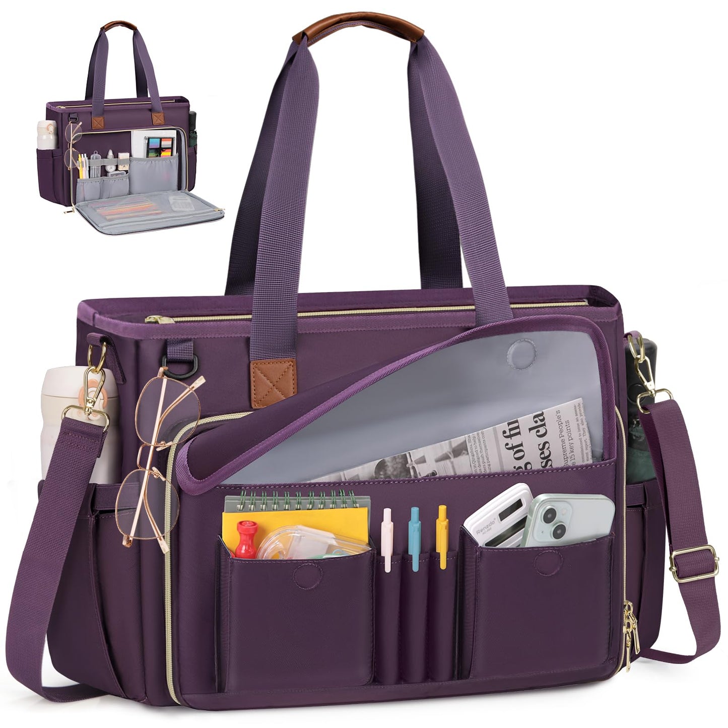 RAINSMORE Teacher Tote Bag 15.6 inch Laptop Bag for Women Work Bags Nurse Bag Lightweight Laptop Tote Computer Messenger Shoulder Bags with Insulated Pocket, Professional Laptop Briefcase
