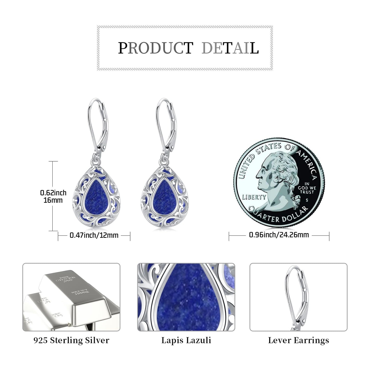KoyeKei Lapis Lazuli Filigree Leverback Earrings for Women 925 Sterling Silver Lapis Lazuli Teardrop Dangle Drop Earrings Filigree Jewelry Graduation Birthday Gifts for Girlfriend Best Friend Her