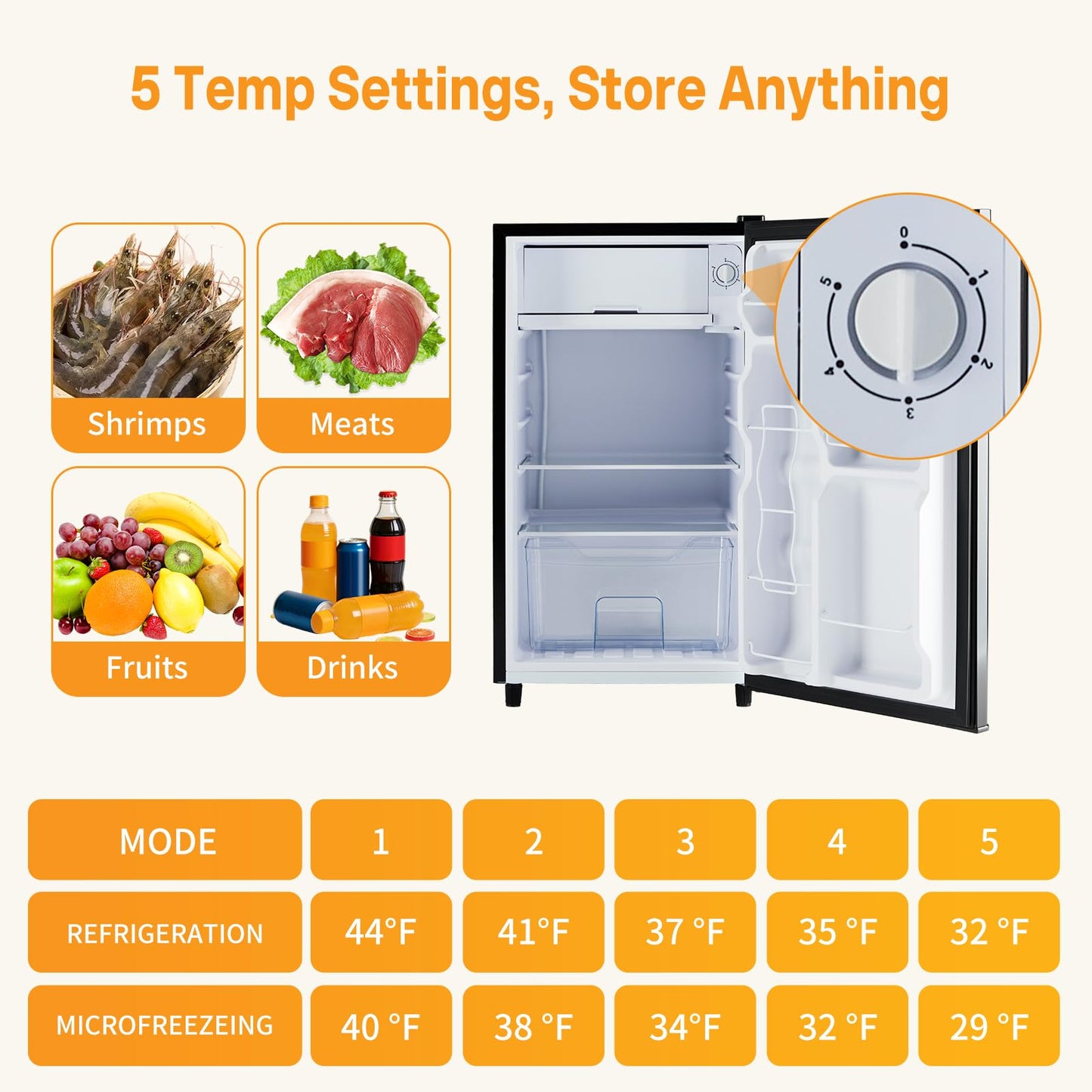 KMFurnila Mini Fridge with Freezer, 3.2 Cu.Ft Mini Refrigerators, Small Beverage Fridge with Adjustable Thermostat, for Bedroom, Office, Dorm, Single Door, Quiet & Energy Saving, Black