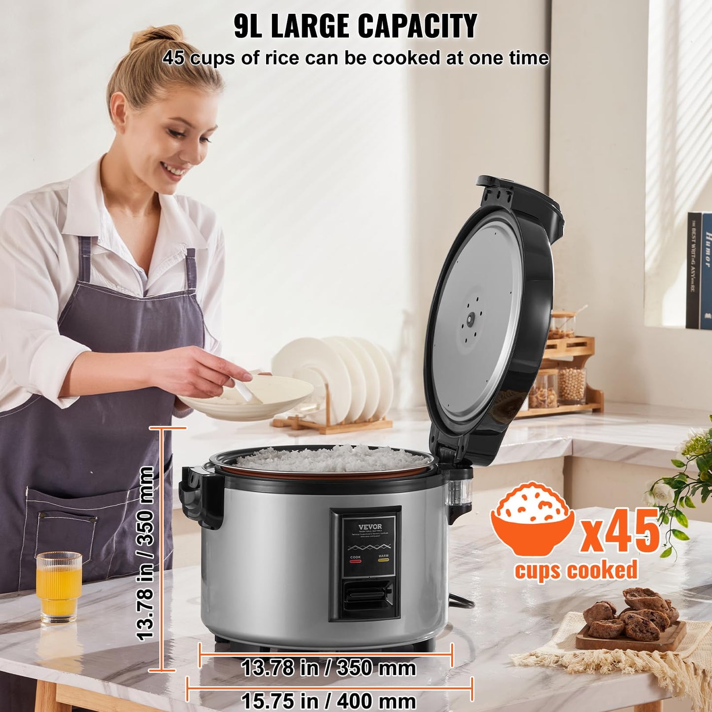 VEVOR Commercial Rice Cooker, 45-Cup Rice Cooker, 9.51 Qt / 9 Liter Large Rice Cooker and Warmer with Nonstick Inner Pot, Fast Cooking and 12-Hour Keep Warm, with Rice Cup and Paddle, for Restaurant
