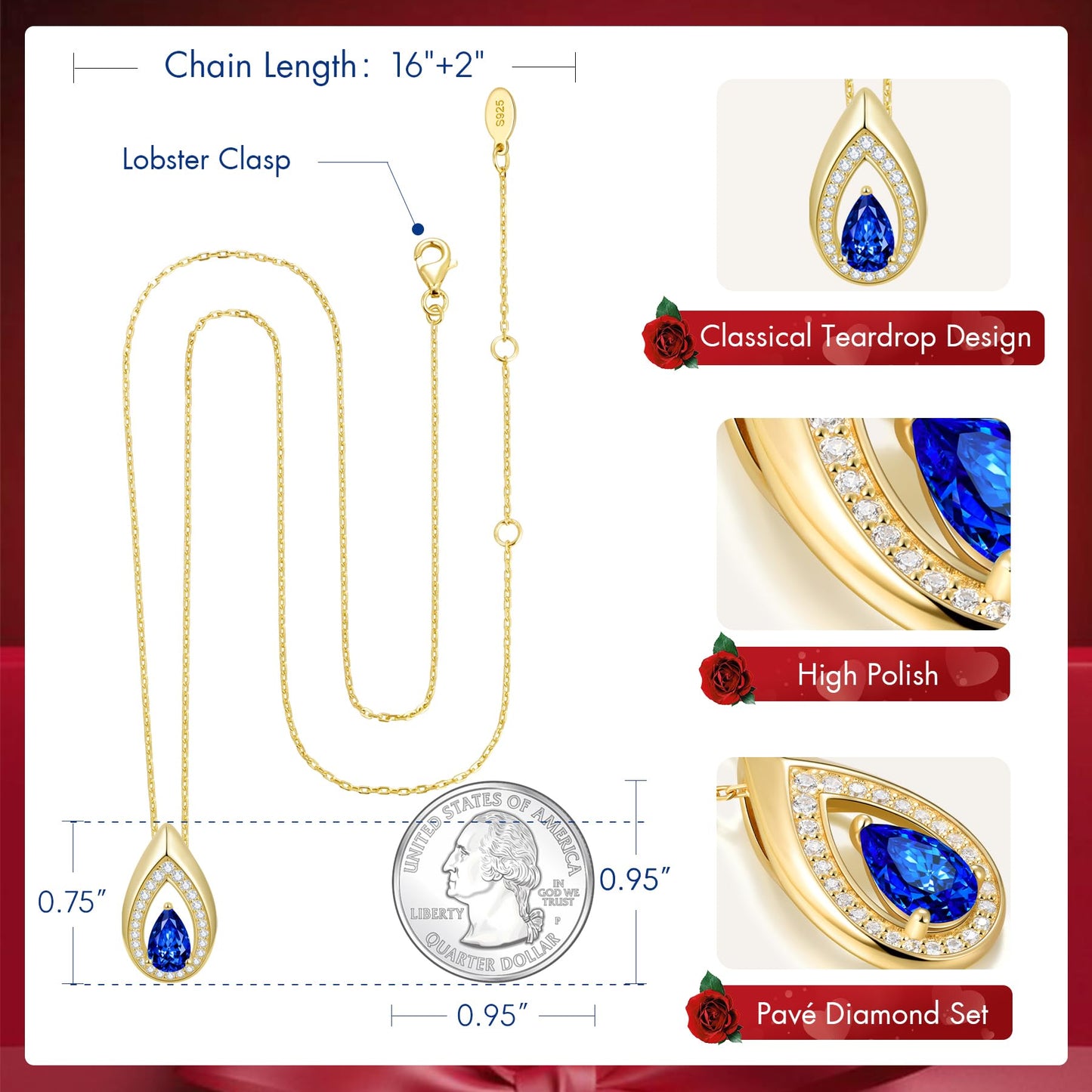 Kstyle 14k Gold Sapphire September Birthstone Pendant Necklaces for Women Valentine's Day Birthday Gift Anniversary Jewelry for Wife Daughter Grandma Mom Sister Non Tarnish