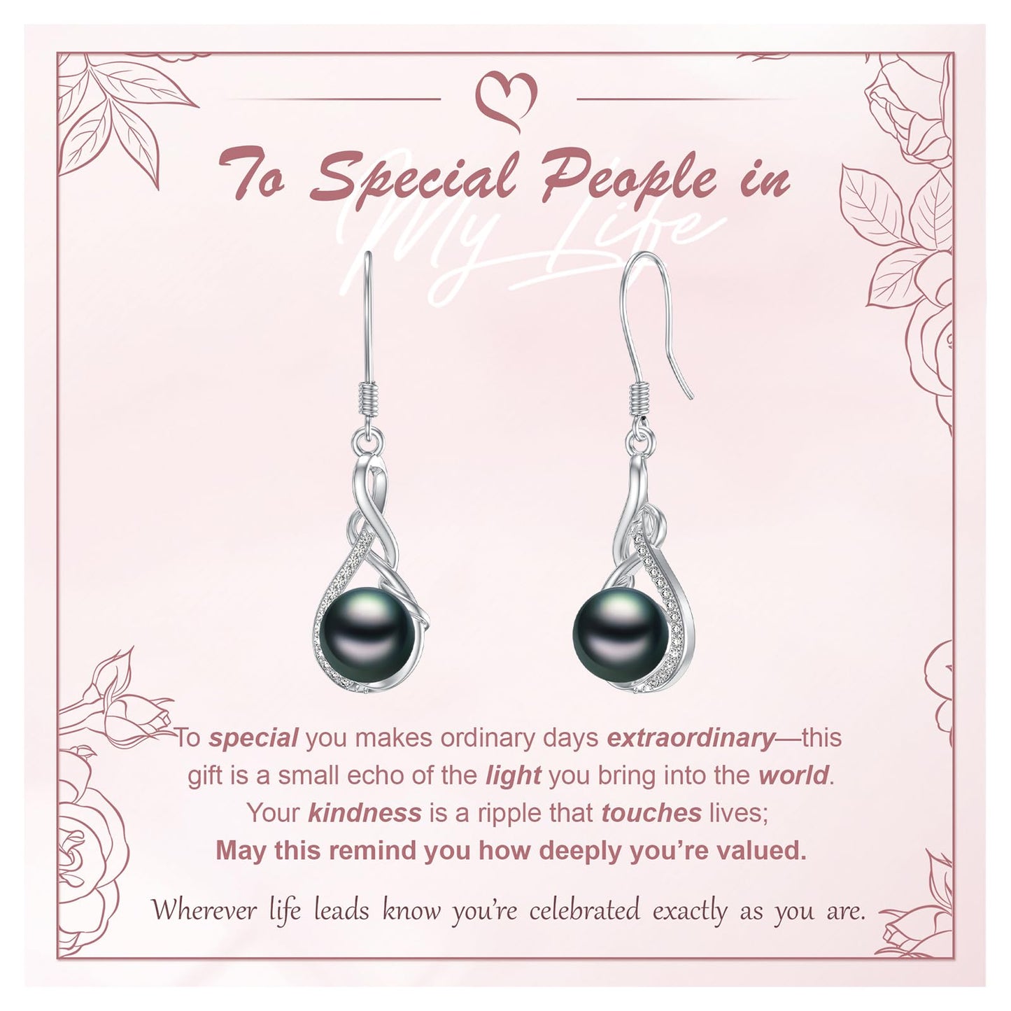 KANNSOAR 925 Sterling Silver 7MM Tahitian Black Pearl Dangle Drop Earrings, 18K White Gold Plated, Everyday Infinity Earrings for Women Hypoallergenic Jewelry Gift for Anniversary Birthday Christmas