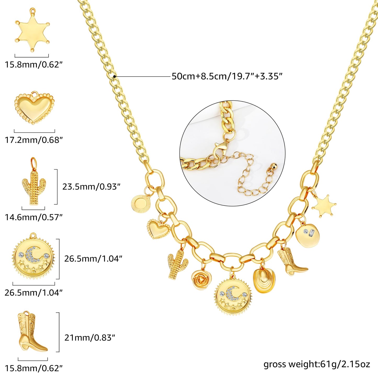 MISS RIGHT Charm Necklace for Women Chunky Gold Western Coastal Cowgirl Boot Tarot Card Coin Star Moon Celestial Charms Pendant Paperclip Chain Necklace Jewelry Gifts Cowboy