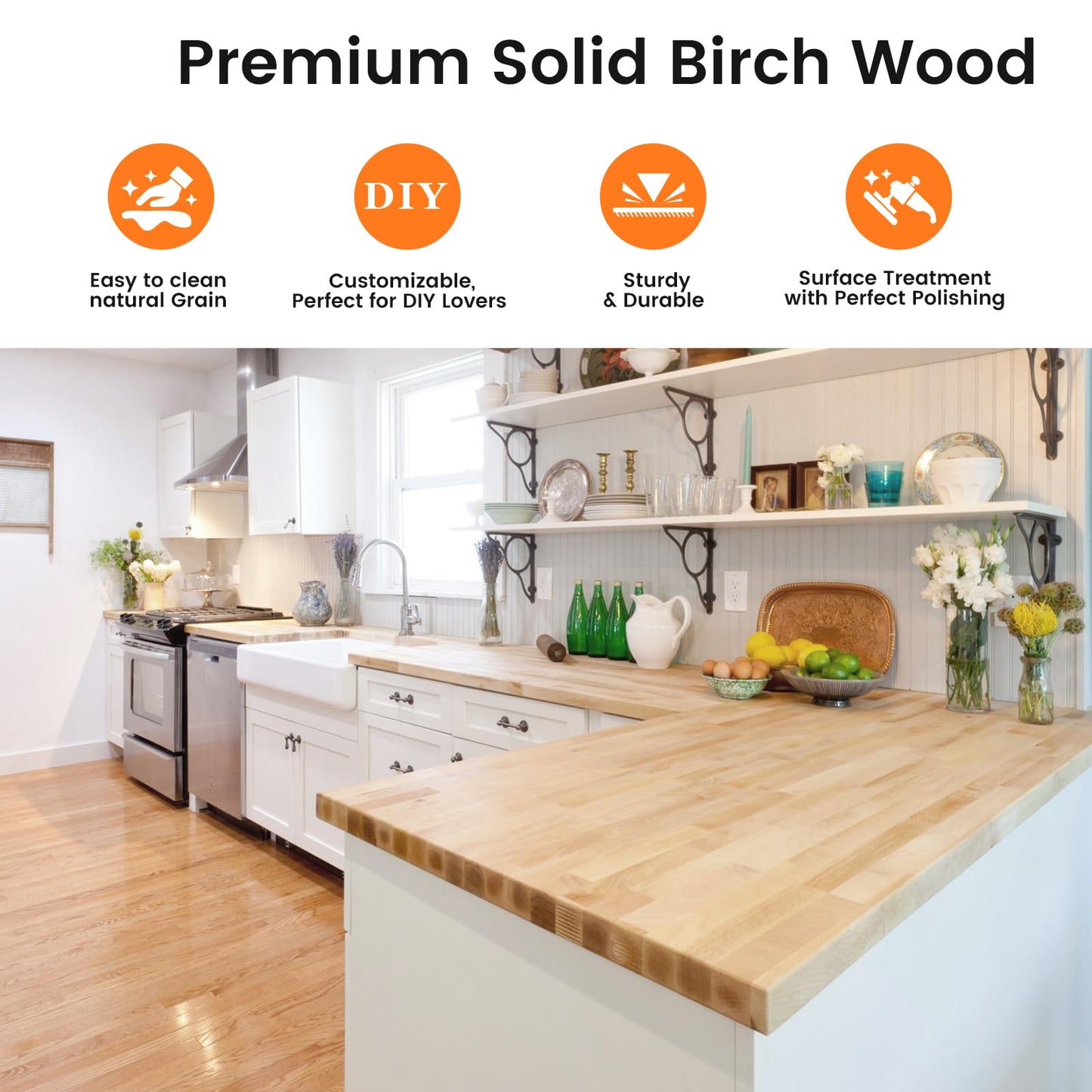 Butcher Block Countertop, Solid Wood Table Top - 4ft Unfinished Birch Work Bench Top Cut to Size for DIY Desktop/Washer Counter/Office Desk/Kitchen Island/Living and Dining Room Tables 48x25x1.5 in