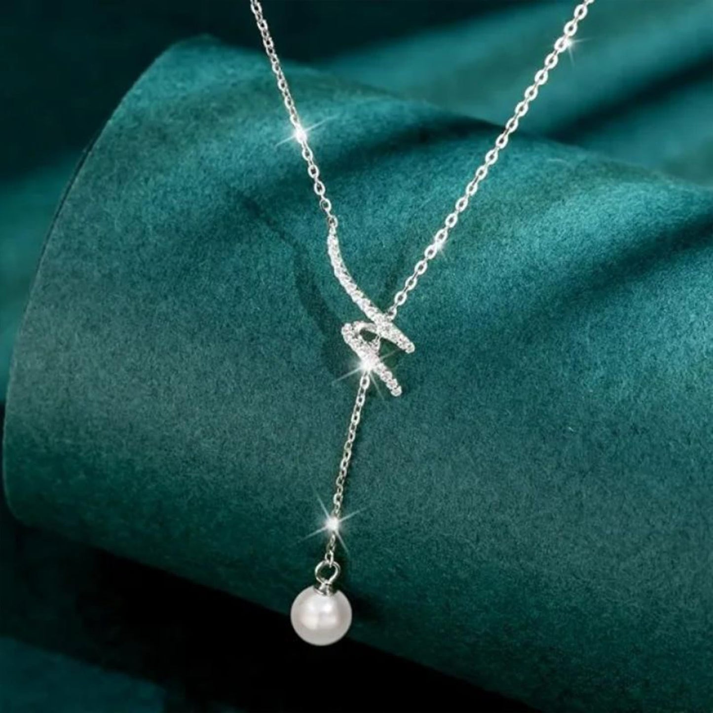UTISUVIKO Lariat Necklace for Women,Dainty Long 14K Gold Plated Y-Shaped Pearl Necklace 925 Sterling Silver Cubic Zirconia Crystal Ball Sparkle Necklace for Mother Daughter Wedding Mother's Day Jewelry
