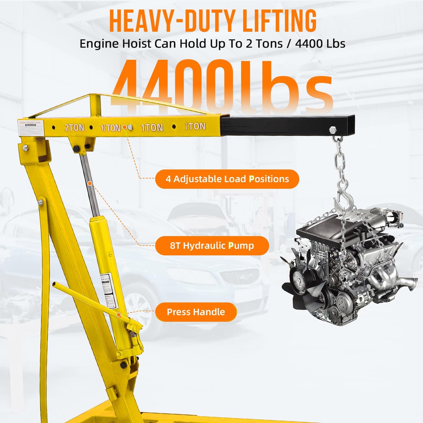 2 T Engine Hoist, 4000 LBS Heavy Duty Folding Cherry Picker Engine Lift Hydraulic Tilting Engine Shop Crane with 6 Iron Caster Wheels Telescopic Boom Hitch,Yellow